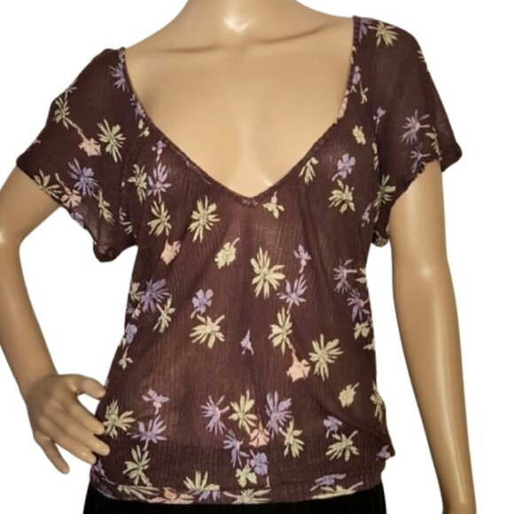 FREE PEOPLE Brown Periwinkle Floral Ribbed Knit V-Neck Short Sleeve Y2K Blouse - Picture 1 of 11